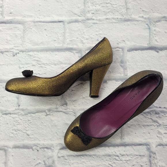 Marc Jacobs Bronze Taffeta Heels with Black Mesh Bows & Trim size 36 1/2 - Picture 4 of 15